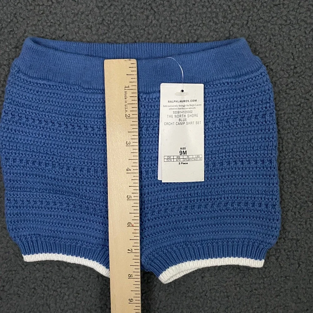Ralph Lauren Crochet Camp Shirt Set Baby 9 Months Blue 2 Piece Knit Preppy